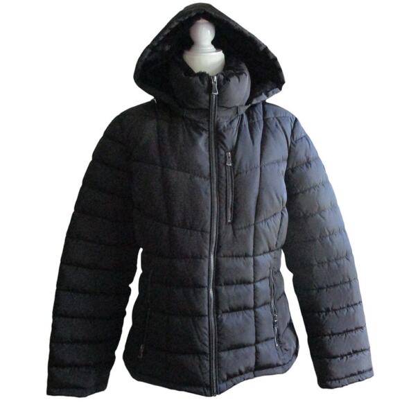 Calvin Klein Black Puffer Coat Size L Hooded Pockets Waist Length Minimalist - Picture 1 of 17